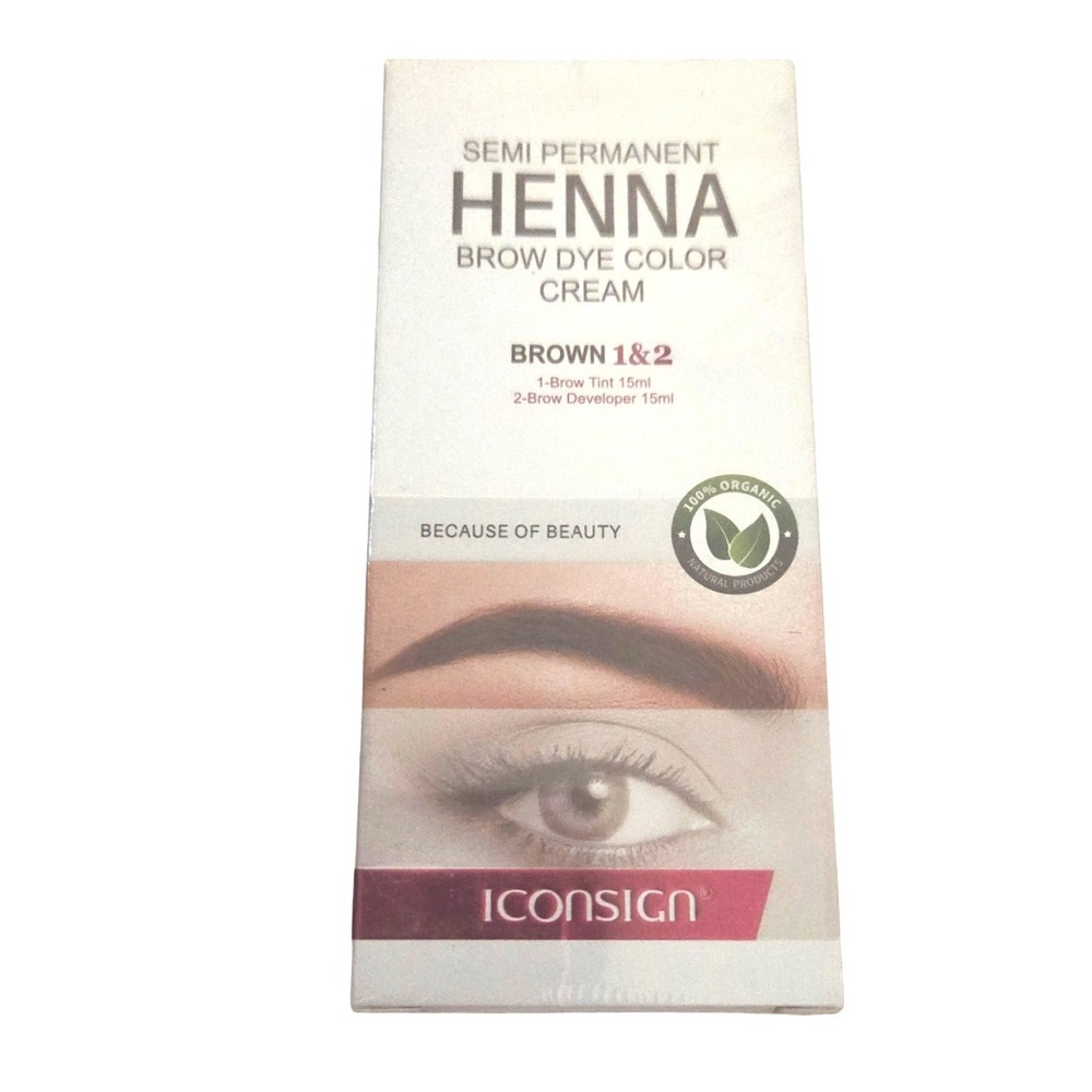 ICONSIGN Semi Permanent Henna Brow Dye Color Cream Kit Brown 1 & 2 15ml Organic